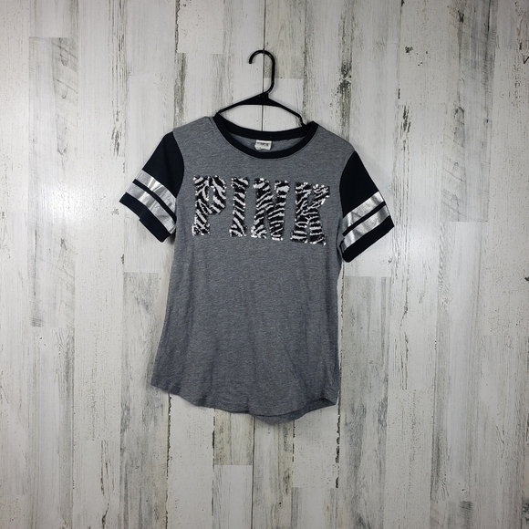 3/$15 Pink Victoria's secret VS black, gray, white sequin tshirt women's size XS - Picture 1 of 8